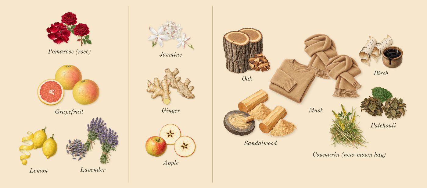 Parfum Pour Homme’s scent picture, a draft: lemon, grapefruit, lavender, ginger, jasmine, apple drawn so far; dashed outlines where nothing is drawn yet