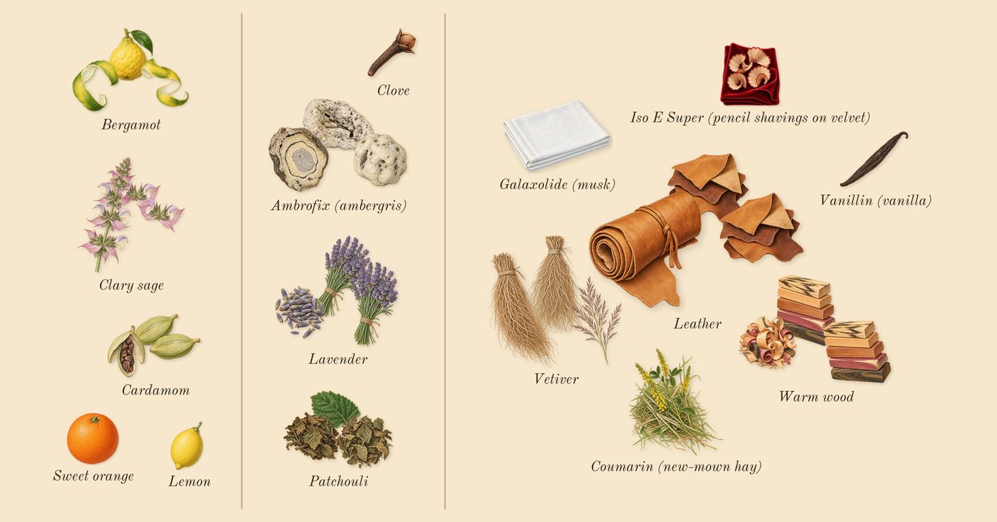 Explorer Extreme’s scent picture, a draft: bergamot, cardamom, clary sage, lavender, patchouli, ambrofix (ambergris) drawn so far; dashed outlines where nothing is drawn yet