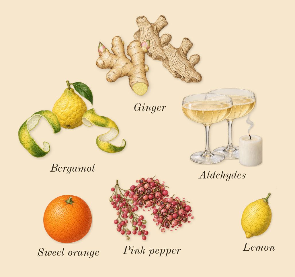 For Her Pure Musc Blanc, top notes: Aldehydes, Bergamot, Pink pepper, Ginger, Lemon, Sweet orange