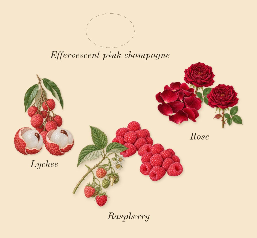 Lychee Rose, heart: Rose, Lychee, Effervescent pink champagne, Raspberry
