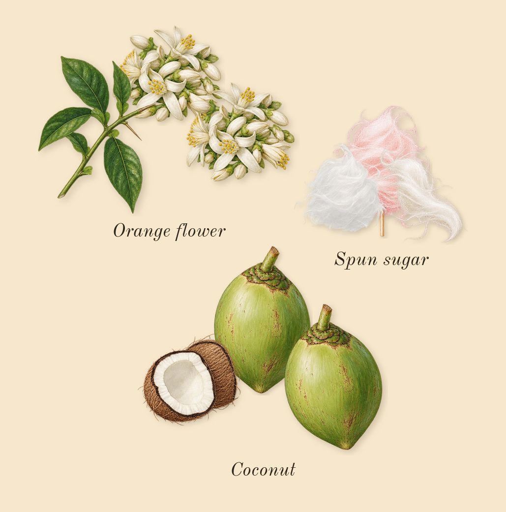 Cotton Clouds, heart: Spun sugar, Coconut, Orange flower