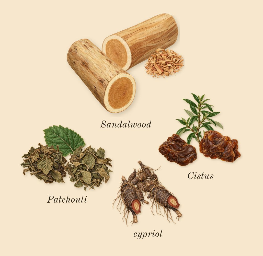 Opus VI, dry-down: cypriol, Patchouli, Sandalwood, Cistus