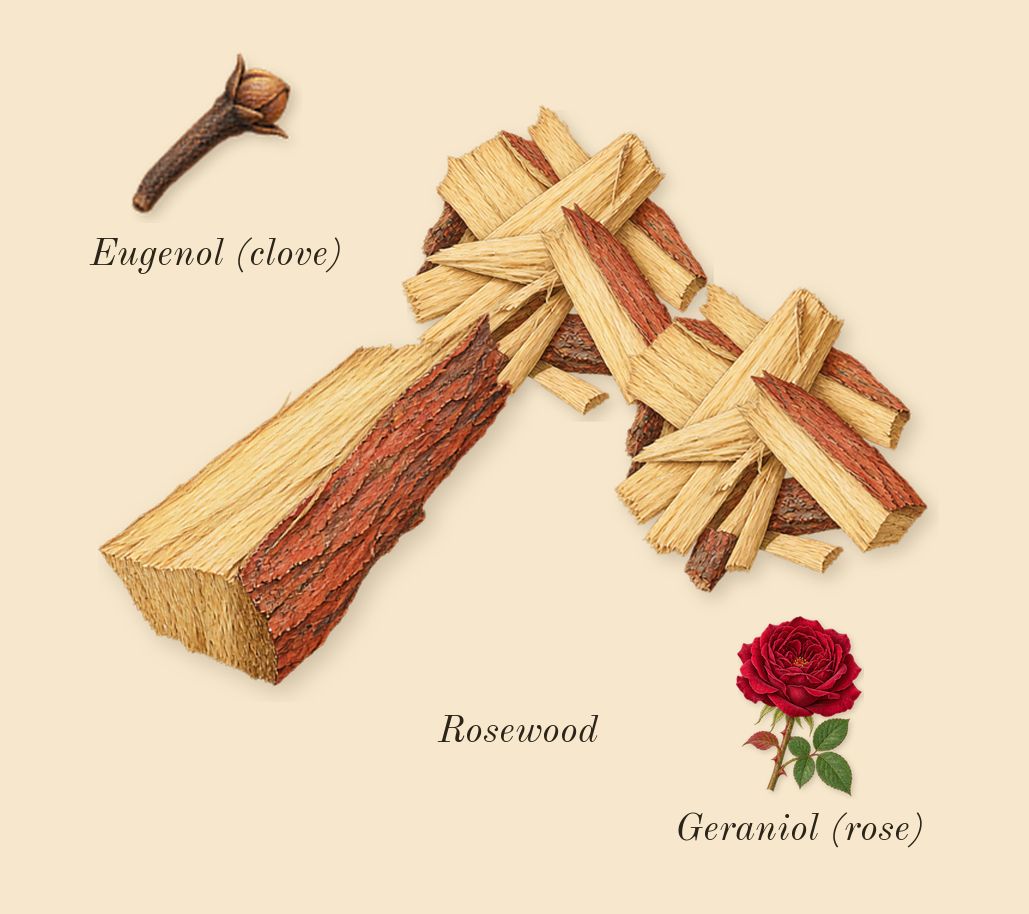 G'eàu Blue, heart: Rosewood, Geraniol (rose), Eugenol (clove)
