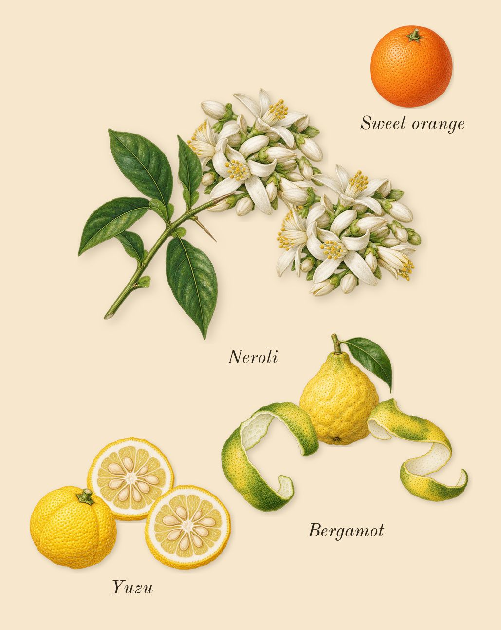 Athénaïs, top notes: Neroli, Bergamot, Yuzu, Sweet orange