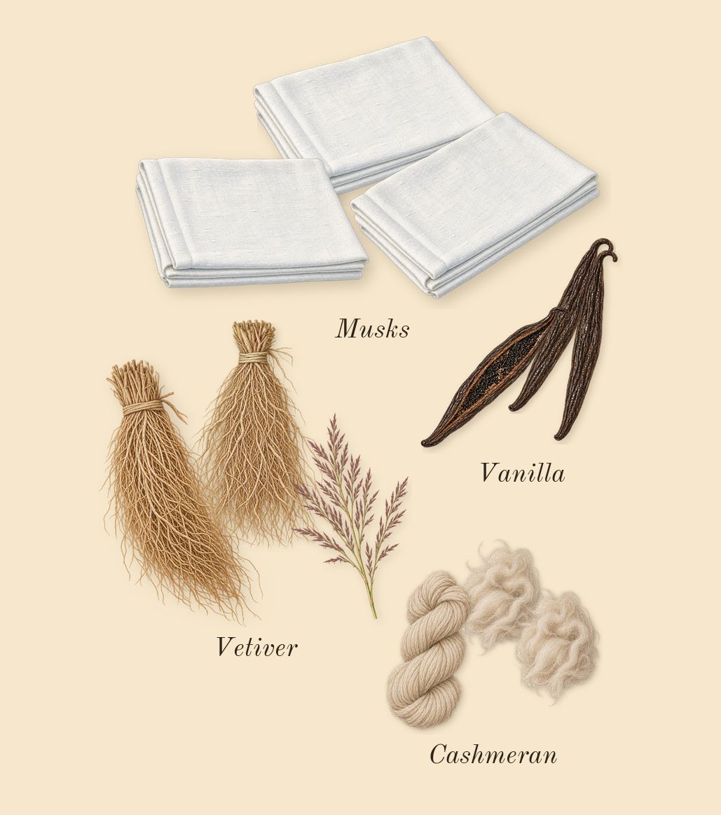 Delina, dry-down: Cashmeran, Musks, Vetiver, Vanilla