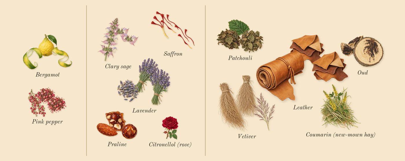 Haltane’s scent picture, a draft: bergamot, pink pepper, saffron, praline, lavender, clary sage drawn so far; dashed outlines where nothing is drawn yet