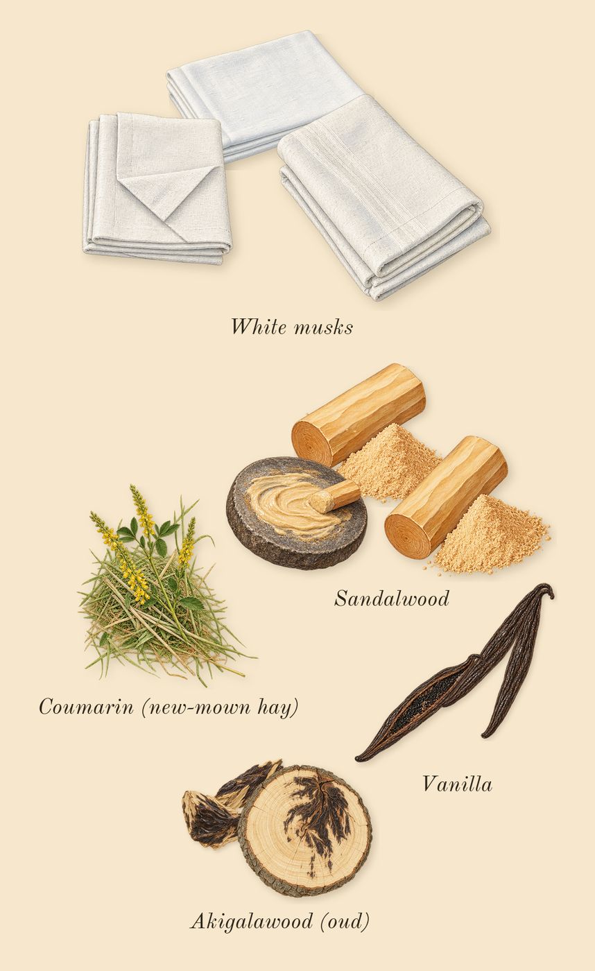 Valaya Exclusif, dry-down: White musks, Akigalawood (oud), Sandalwood, Vanilla, Coumarin (new-mown hay)