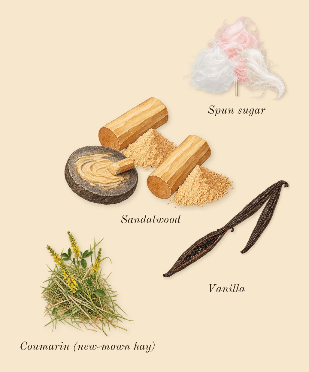 Khair Confection, dry-down: Sandalwood, Spun sugar, Vanilla, Coumarin (new-mown hay)