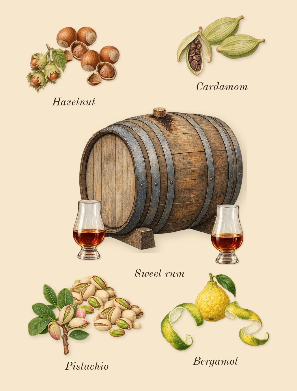 Khair Pistachio, top notes: Bergamot, Pistachio, Hazelnut, Sweet rum, Cardamom