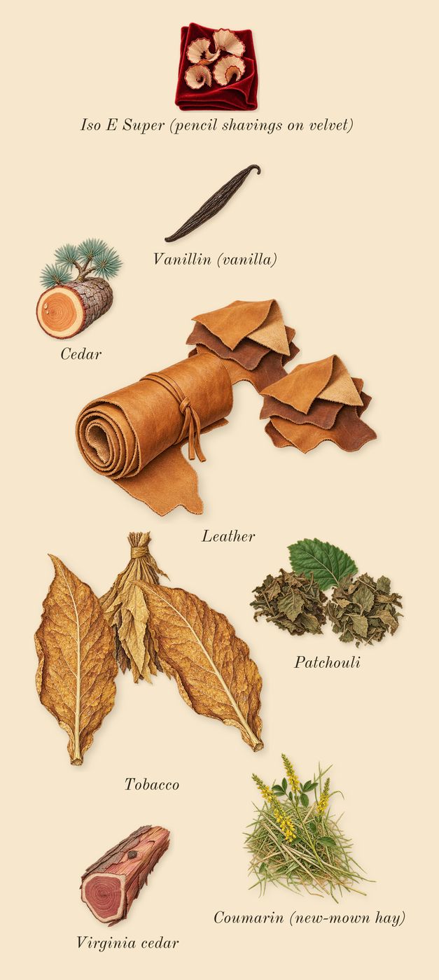 The Blazing Mister Sam Intense, dry-down: Leather, Tobacco, Patchouli, Cedar, Virginia cedar, Iso E Super (pencil shavings on velvet), Vanillin (vanilla), Coumarin (new-mown hay)
