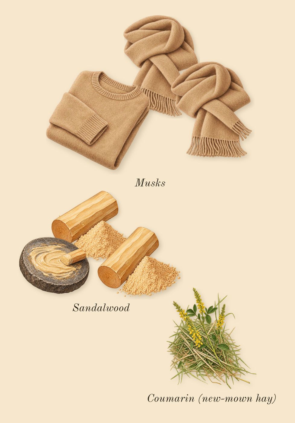 Infusion d'Ylang, dry-down: Sandalwood, Musks, Coumarin (new-mown hay)