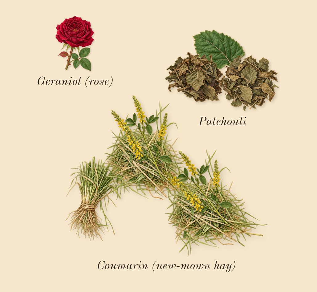 Luna Rossa Black, heart: Patchouli, Coumarin (new-mown hay), Geraniol (rose)