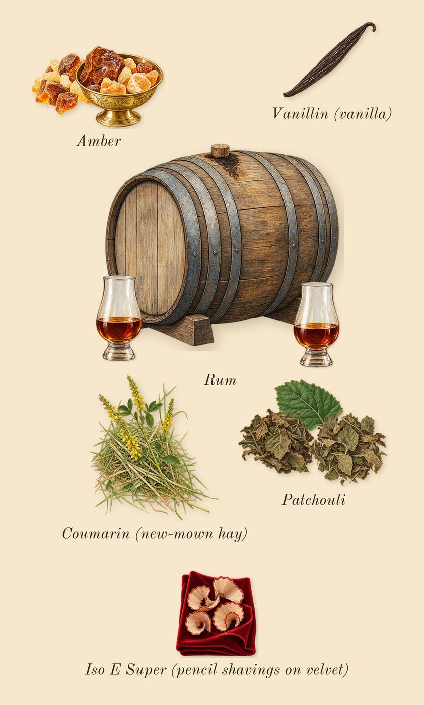 1 Million Night Elixir, dry-down: Amber, Patchouli, Rum, Iso E Super (pencil shavings on velvet), Coumarin (new-mown hay), Vanillin (vanilla)