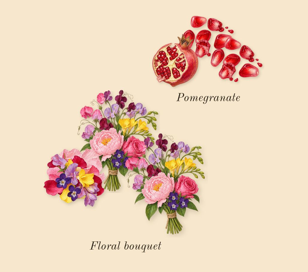 Lady Million Royal, heart: Pomegranate, Floral bouquet