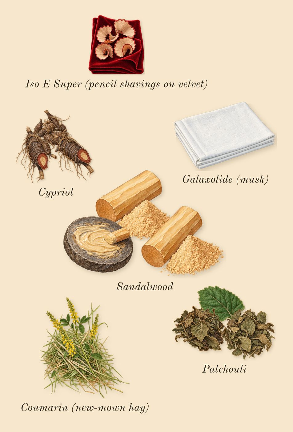 Million Gold Elixir, dry-down: Sandalwood, Cypriol, Patchouli, Iso E Super (pencil shavings on velvet), Galaxolide (musk), Coumarin (new-mown hay)