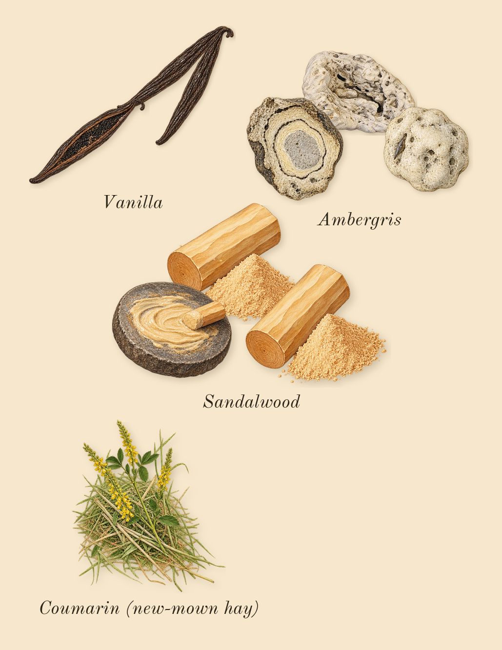 Olympéa, dry-down: Vanilla, Ambergris, Sandalwood, Coumarin (new-mown hay)