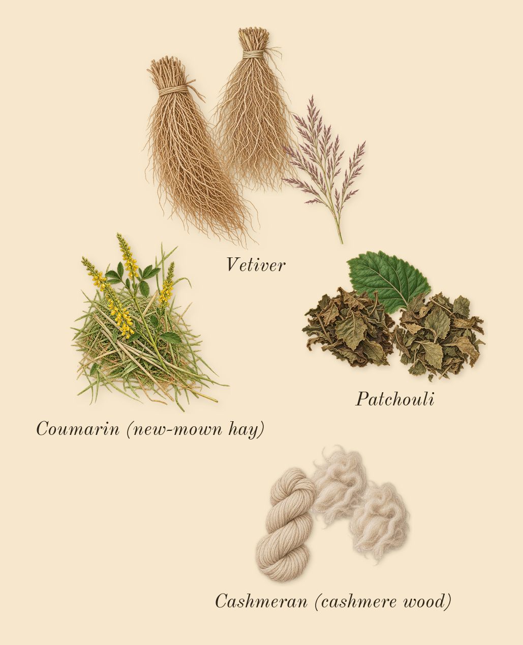 Ralph's Club, dry-down: Vetiver, Patchouli, Cashmeran (cashmere wood), Coumarin (new-mown hay)