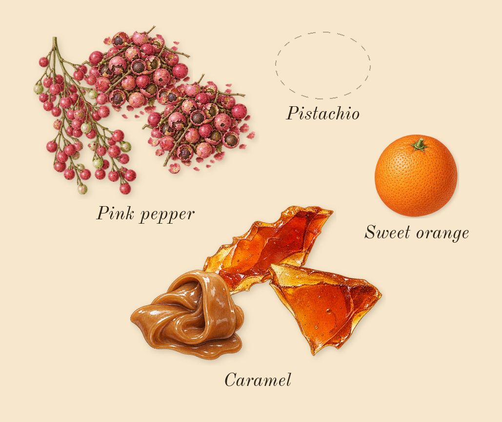 Rare, top notes: Caramel, Pistachio, Pink pepper, Sweet orange