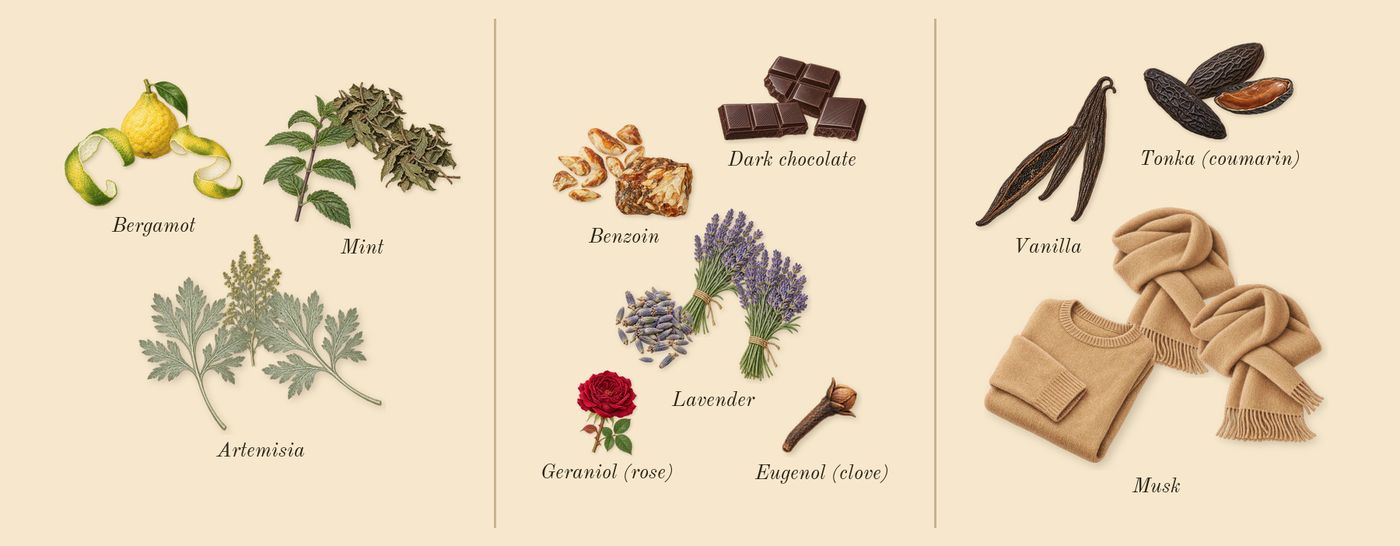 Hawas Elixir’s scent picture, a draft: mint, bergamot, artemisia, lavender, dark chocolate, benzoin drawn so far; dashed outlines where nothing is drawn yet