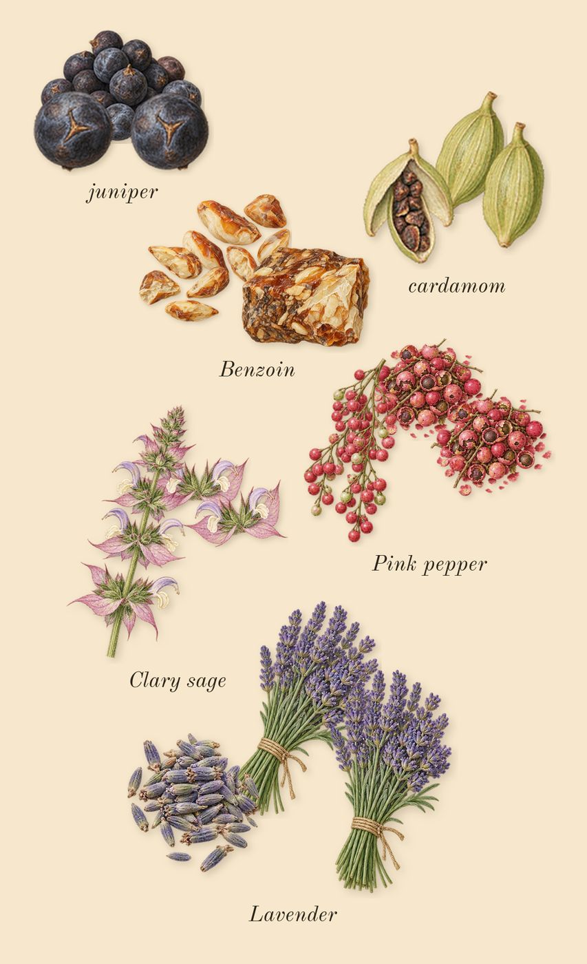 Reflection 45 Man, top notes: Benzoin, Pink pepper, Clary sage, Lavender, cardamom, juniper