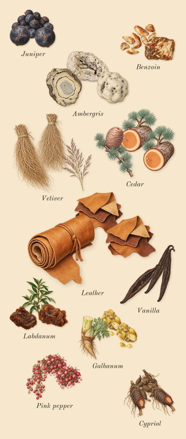 Elysium Pour Homme, dry-down: Galbanum, Pink pepper, Cypriol, Vetiver, Cedar, Juniper, Benzoin, Vanilla, Labdanum, Leather, Ambergris
