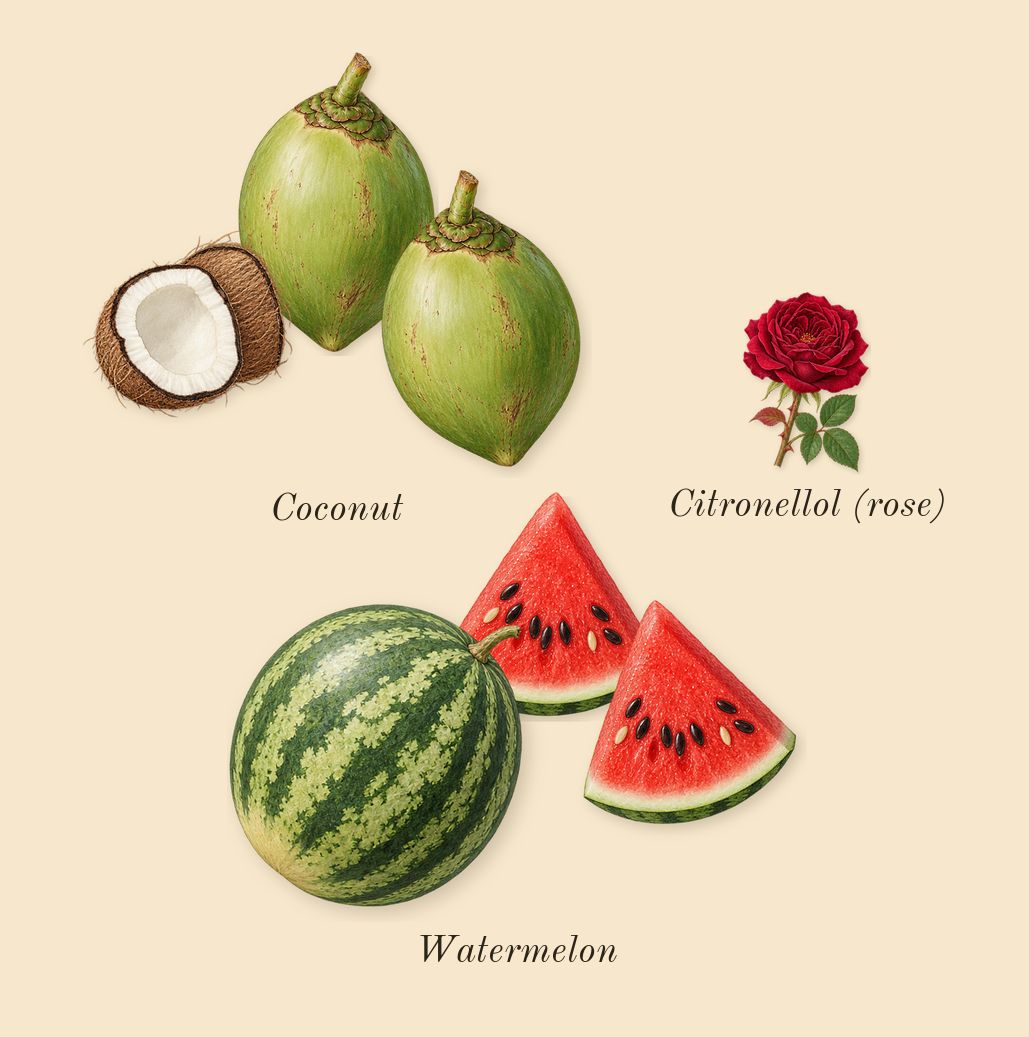 Wavechild, heart: Watermelon, Coconut, Citronellol (rose)