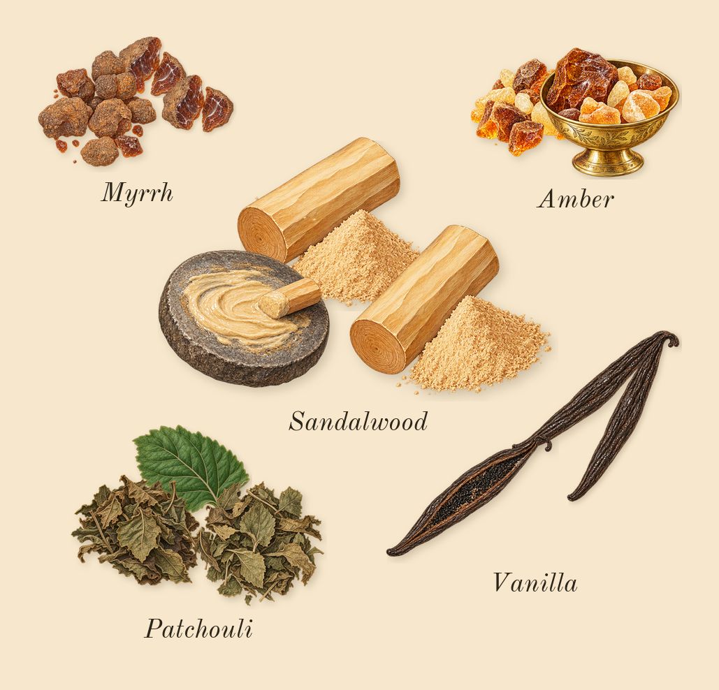 Hawa, dry-down: Patchouli, Sandalwood, Amber, Vanilla, Myrrh
