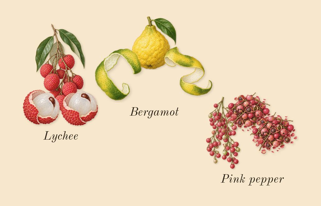 Rose 01, top notes: Lychee, Bergamot, Pink pepper