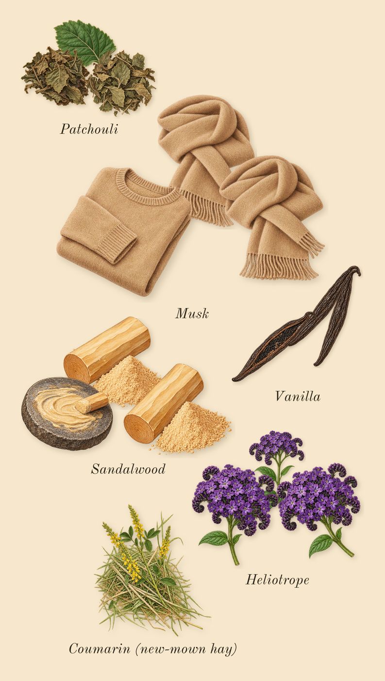 Kirké, dry-down: Heliotrope, Sandalwood, Vanilla, Patchouli, Musk, Coumarin (new-mown hay)