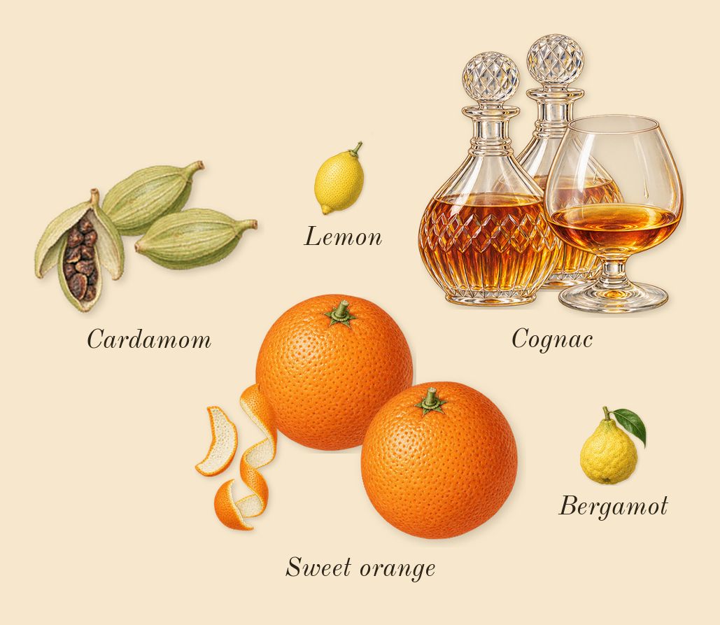 Bitter Peach, top notes: Sweet orange, Cardamom, Cognac, Bergamot, Lemon