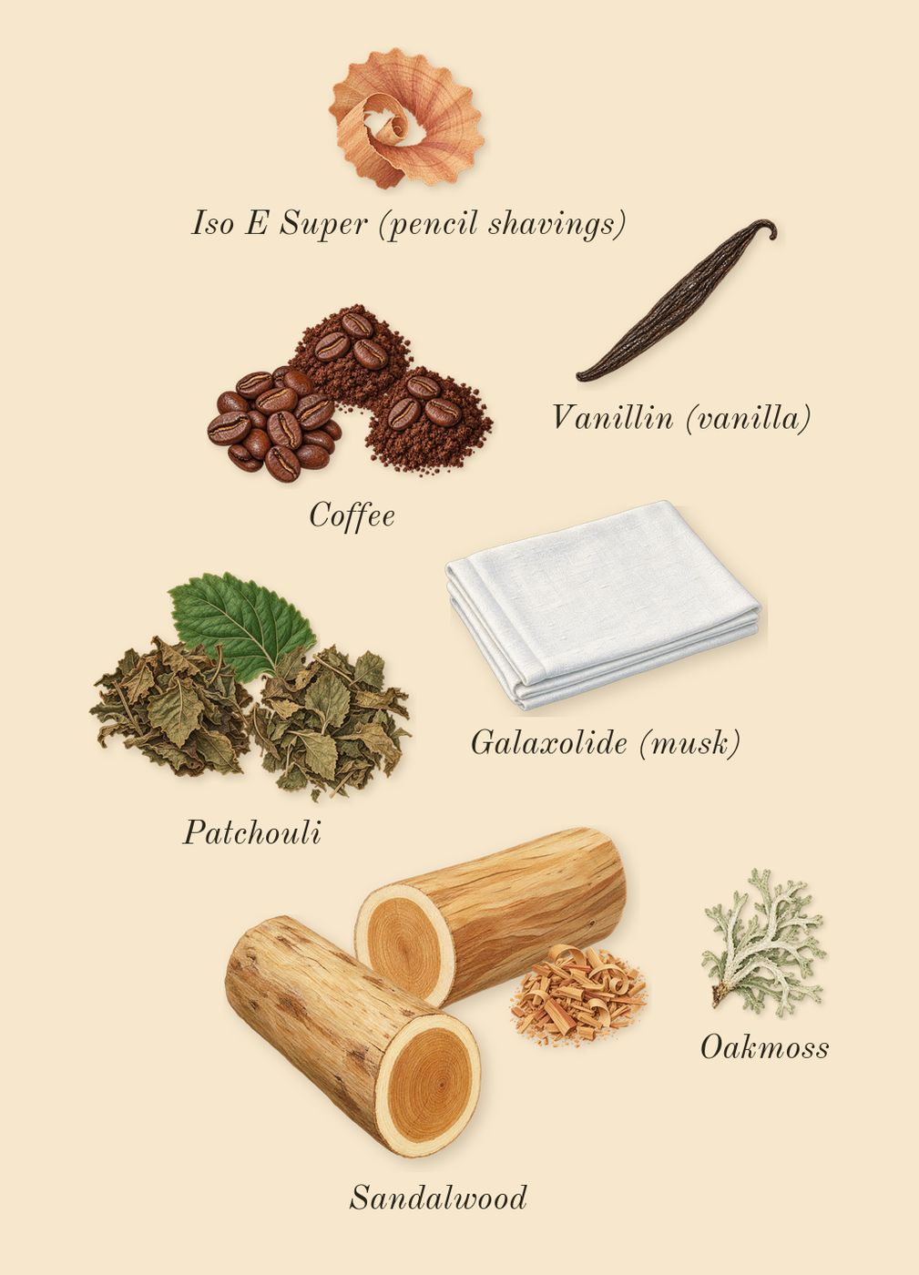 Café Rose, dry-down: Coffee, Patchouli, Sandalwood, Oakmoss, Iso E Super (pencil shavings), Galaxolide (musk), Vanillin (vanilla)