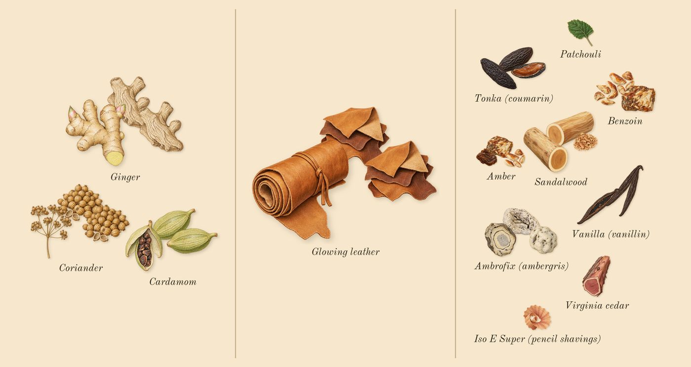 Eau d'Ombré Leather’s scent picture, a draft: glowing leather, ambrofix (ambergris), vanilla (vanillin), benzoin, tonka (coumarin), sandalwood drawn so far; dashed outlines where nothing is drawn yet