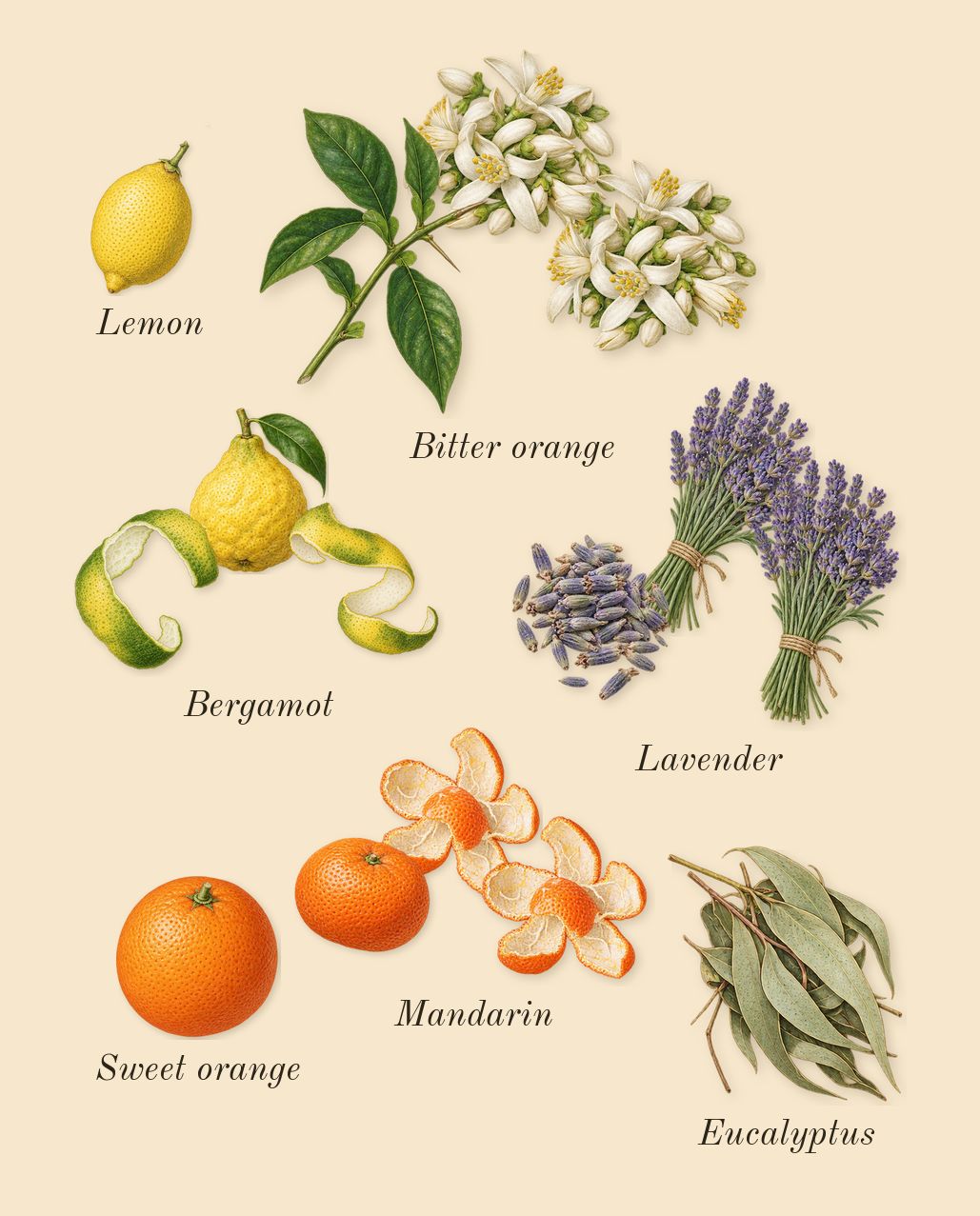Neroli Portofino, top notes: Bitter orange, Bergamot, Mandarin, Lavender, Eucalyptus, Sweet orange, Lemon