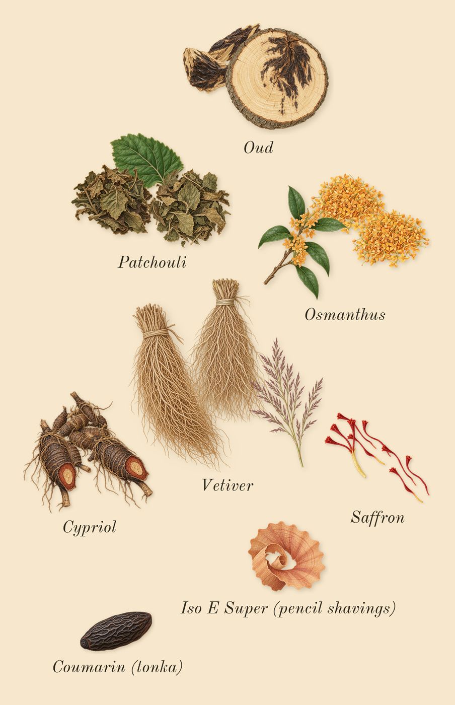 Oud Voyager, dry-down: Oud, Cypriol, Osmanthus, Saffron, Patchouli, Vetiver, Iso E Super (pencil shavings), Coumarin (tonka)