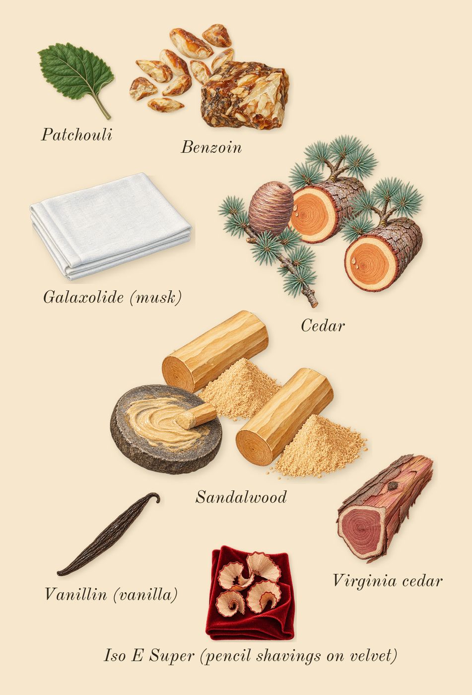 Santal Blush, dry-down: Sandalwood, Cedar, Benzoin, Patchouli, Virginia cedar, Iso E Super (pencil shavings on velvet), Galaxolide (musk), Vanillin (vanilla)