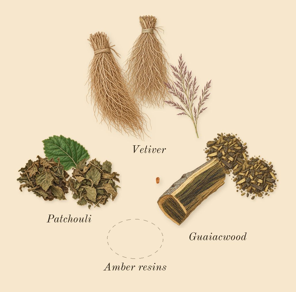 Sage's Rose, dry-down: Guaiacwood, Vetiver, Amber resins, Patchouli