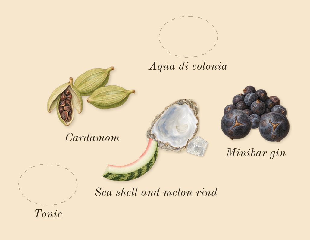 After Sun, heart: Cardamom, Aqua di colonia, Sea shell and melon rind, Tonic, Minibar gin