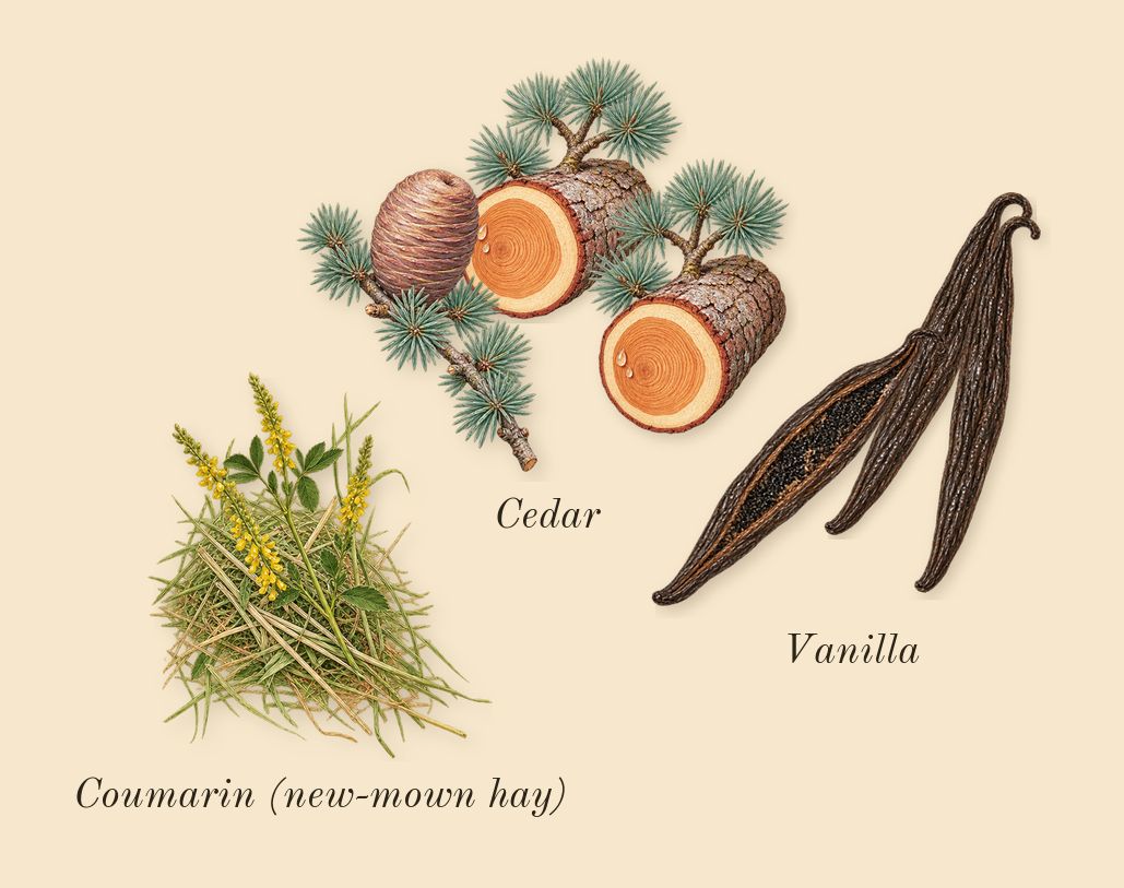 Uomo Born in Roma Yellow Dream, dry-down: Vanilla, Cedar, Coumarin (new-mown hay)