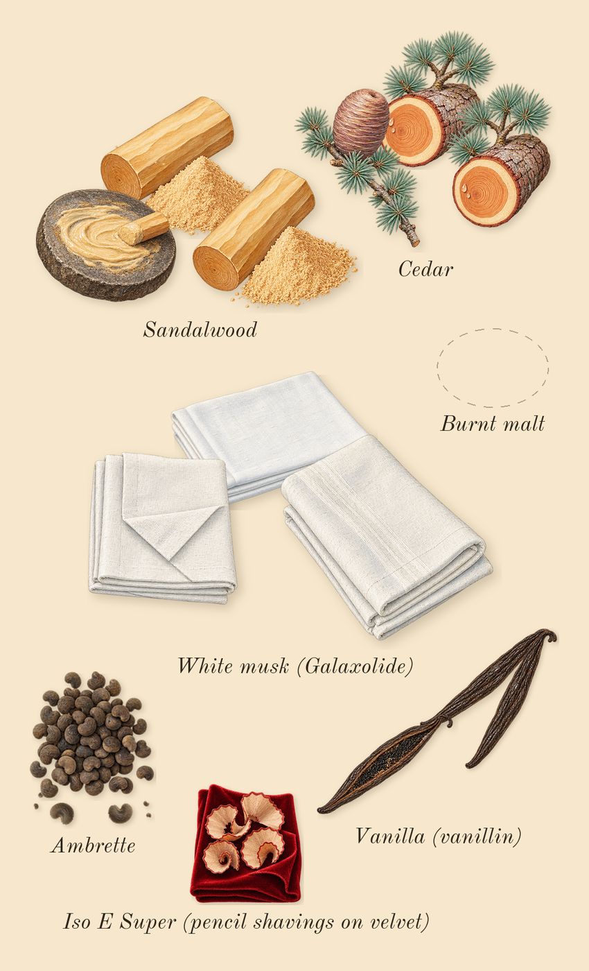 Dama Bianca, dry-down: Cedar, White musk (Galaxolide), Burnt malt, Ambrette, Vanilla (vanillin), Sandalwood, Iso E Super (pencil shavings on velvet)