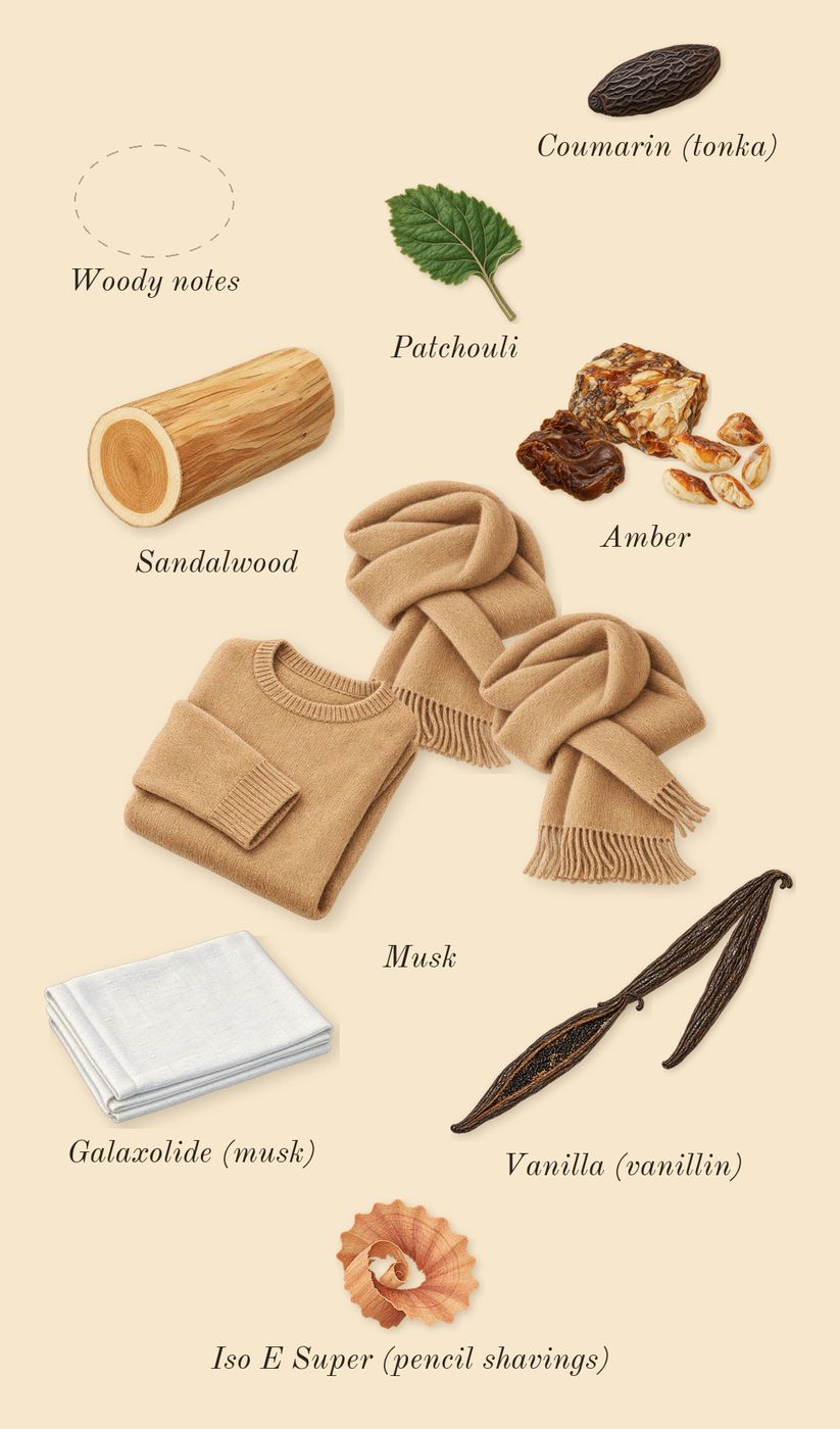 Erba Gold, dry-down: Amber, Vanilla (vanillin), Musk, Woody notes, Patchouli, Sandalwood, Iso E Super (pencil shavings), Galaxolide (musk), Coumarin (tonka)