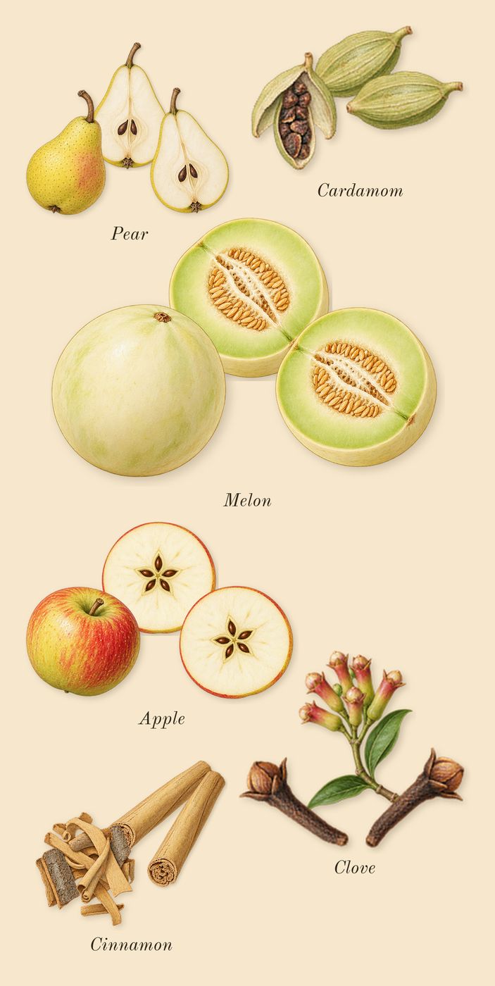 Erba Gold, heart: Clove, Apple, Cardamom, Melon, Pear, Cinnamon