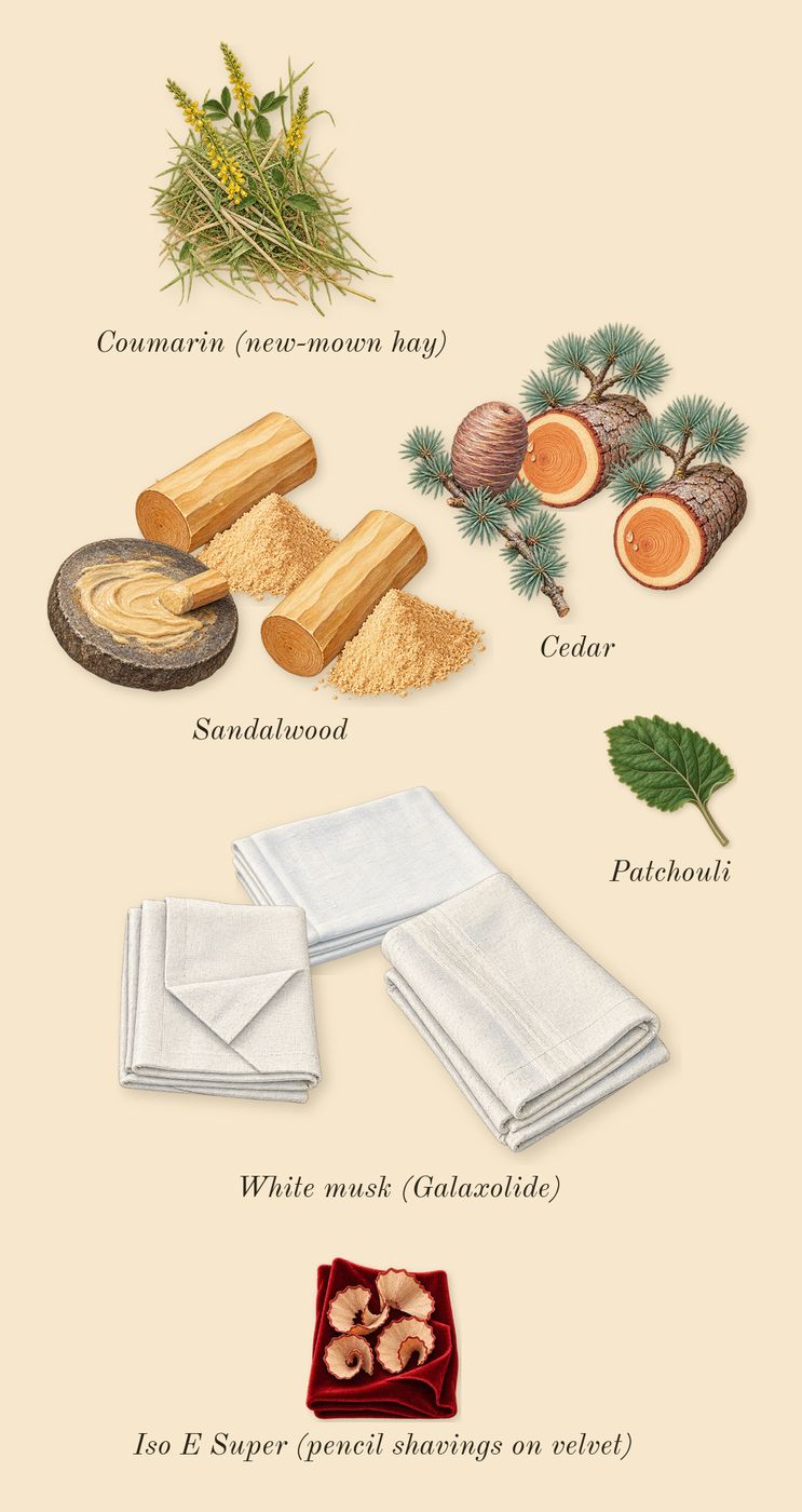 Italica, dry-down: White musk (Galaxolide), Cedar, Sandalwood, Patchouli, Iso E Super (pencil shavings on velvet), Coumarin (new-mown hay)