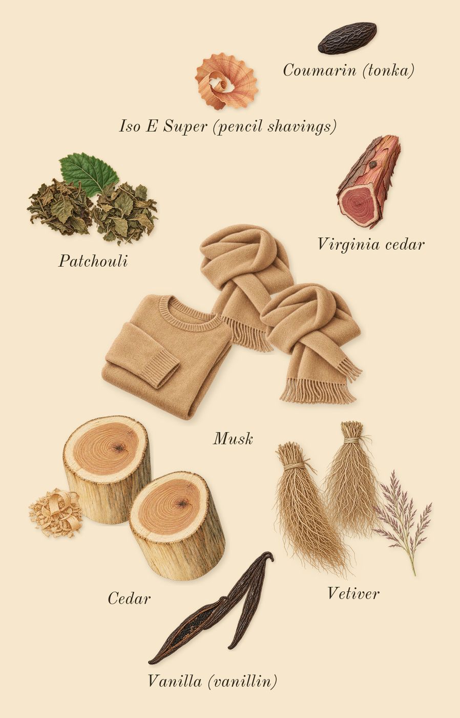 Opera, dry-down: Cedar, Vetiver, Musk, Patchouli, Vanilla (vanillin), Virginia cedar, Iso E Super (pencil shavings), Coumarin (tonka)