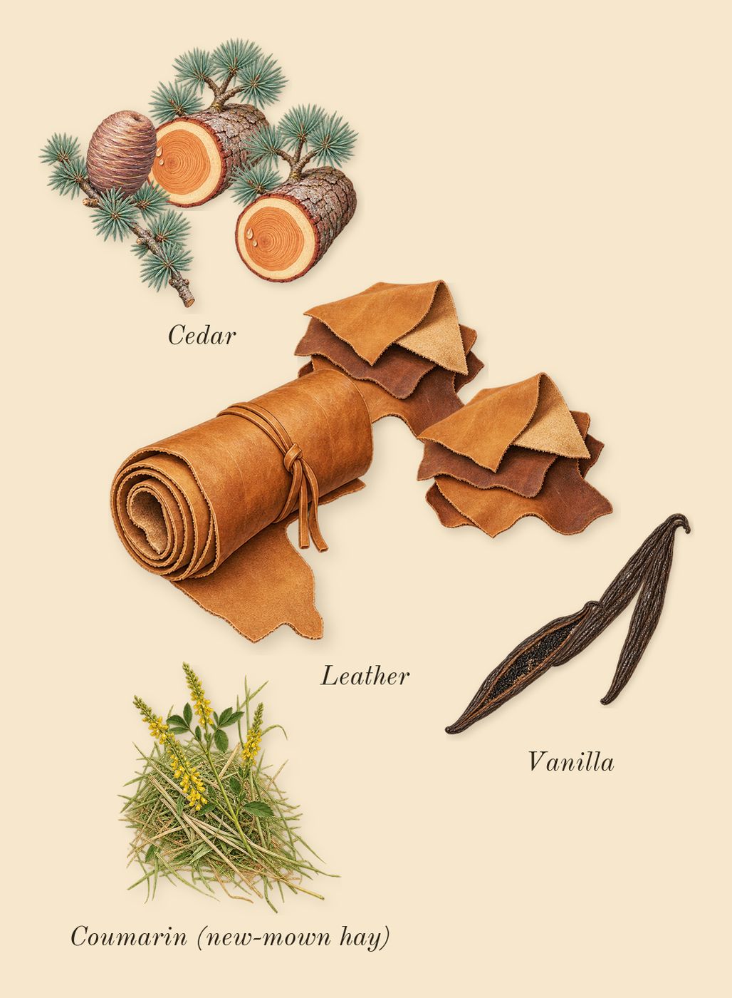 Babycat, dry-down: Vanilla, Cedar, Leather, Coumarin (new-mown hay)