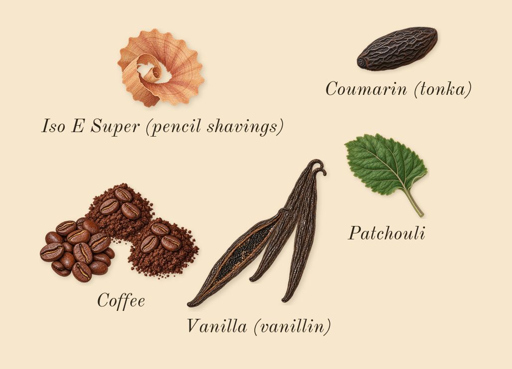 Black Opium Pink Glaze, dry-down: Vanilla (vanillin), Coffee, Patchouli, Iso E Super (pencil shavings), Coumarin (tonka)