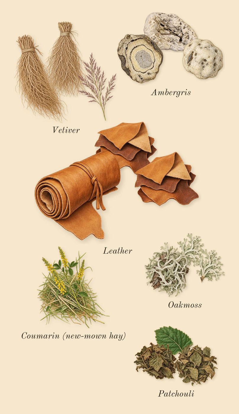Kouros, dry-down: Oakmoss, Leather, Patchouli, Vetiver, Ambergris, Coumarin (new-mown hay)