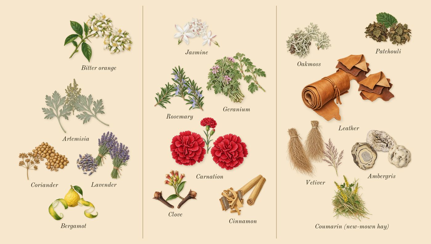 Kouros’s scent picture, a draft: bitter orange, lavender, artemisia, coriander, geranium, cinnamon drawn so far; dashed outlines where nothing is drawn yet