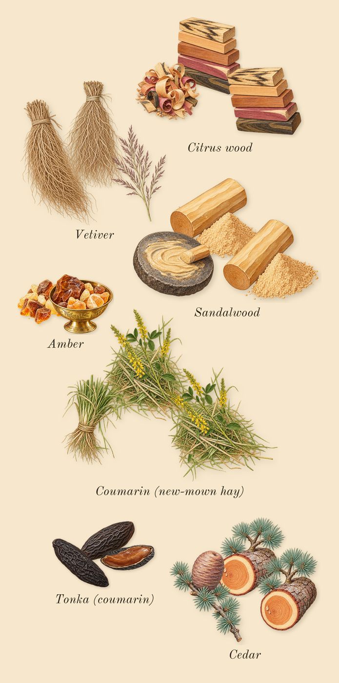 L'Homme, dry-down: Vetiver, Citrus wood, Cedar, Coumarin (new-mown hay), Sandalwood, Amber, Tonka (coumarin)