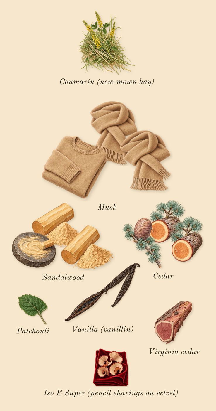 Libre Santal Couture, dry-down: Sandalwood, Vanilla (vanillin), Cedar, Musk, Virginia cedar, Patchouli, Iso E Super (pencil shavings on velvet), Coumarin (new-mown hay)