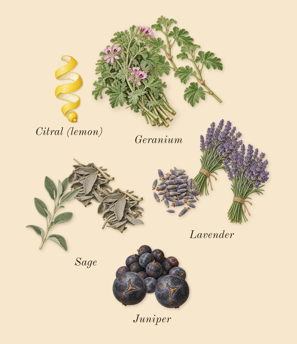 Y Intense, top notes: Juniper, Lavender, Sage, Geranium, Citral (lemon)